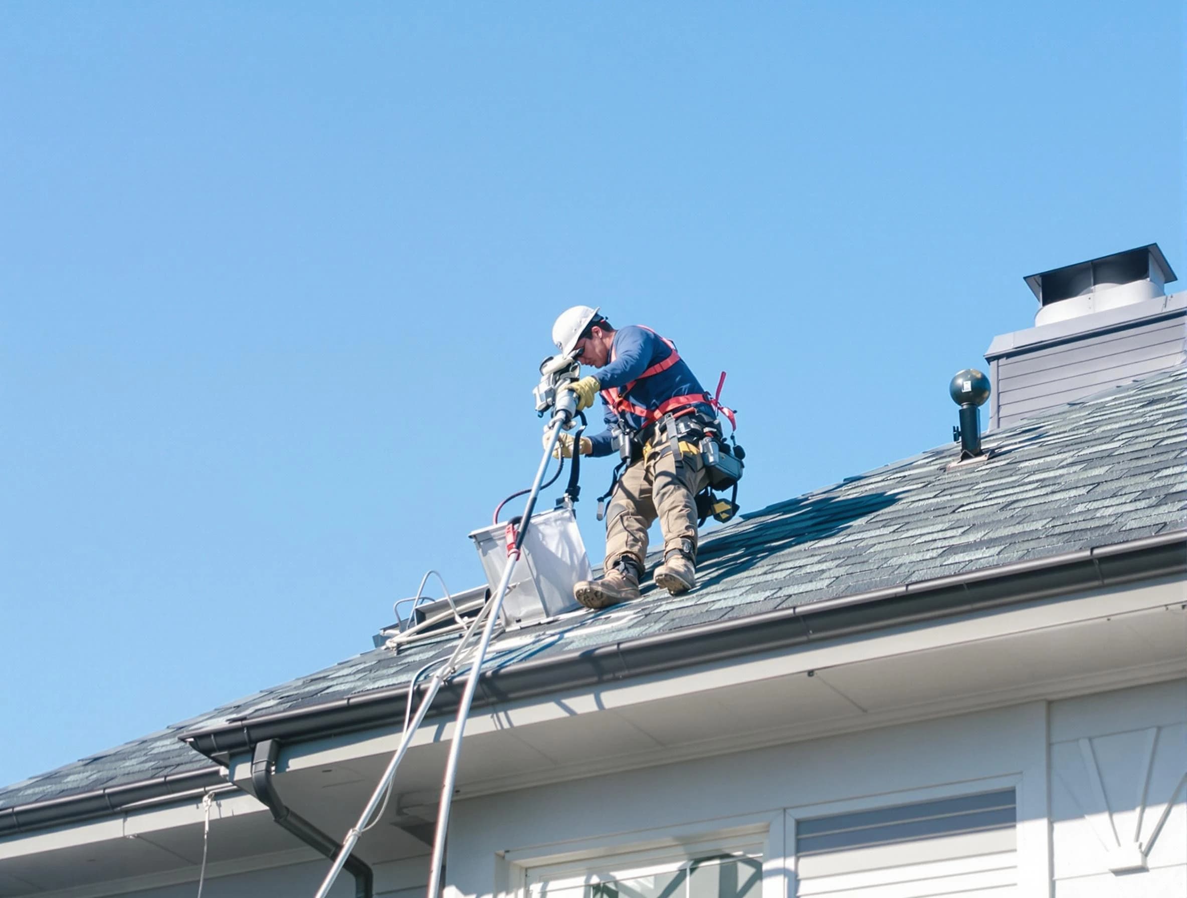Ross Dryer Vent Cleaning certified technician cleaning a roof-mounted dryer vent system in Ross