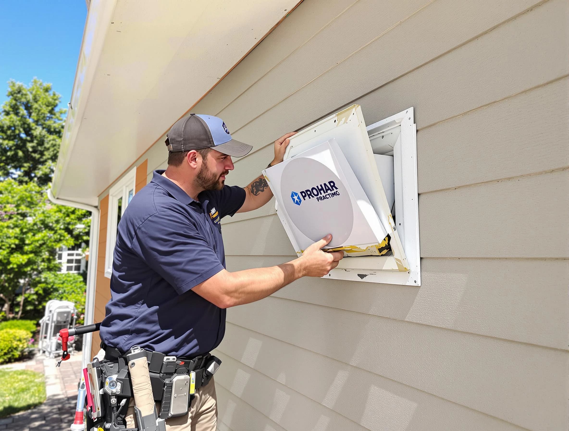Ross Dryer Vent Cleaning technician installing a new protective dryer vent cover on a home in Ross