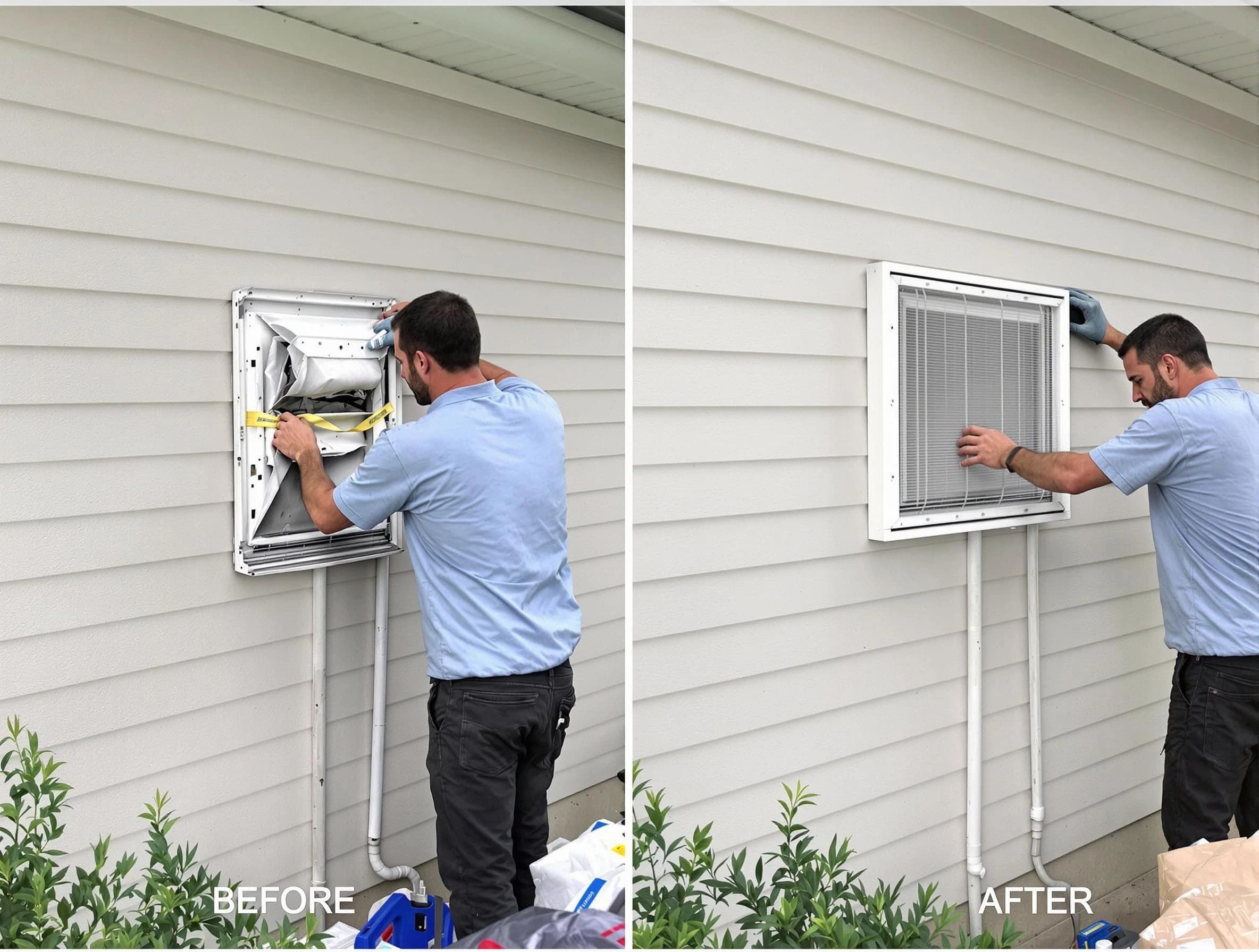 Ross Dryer Vent Cleaning technician installing high-quality dryer vent cover at a residential property in Ross
