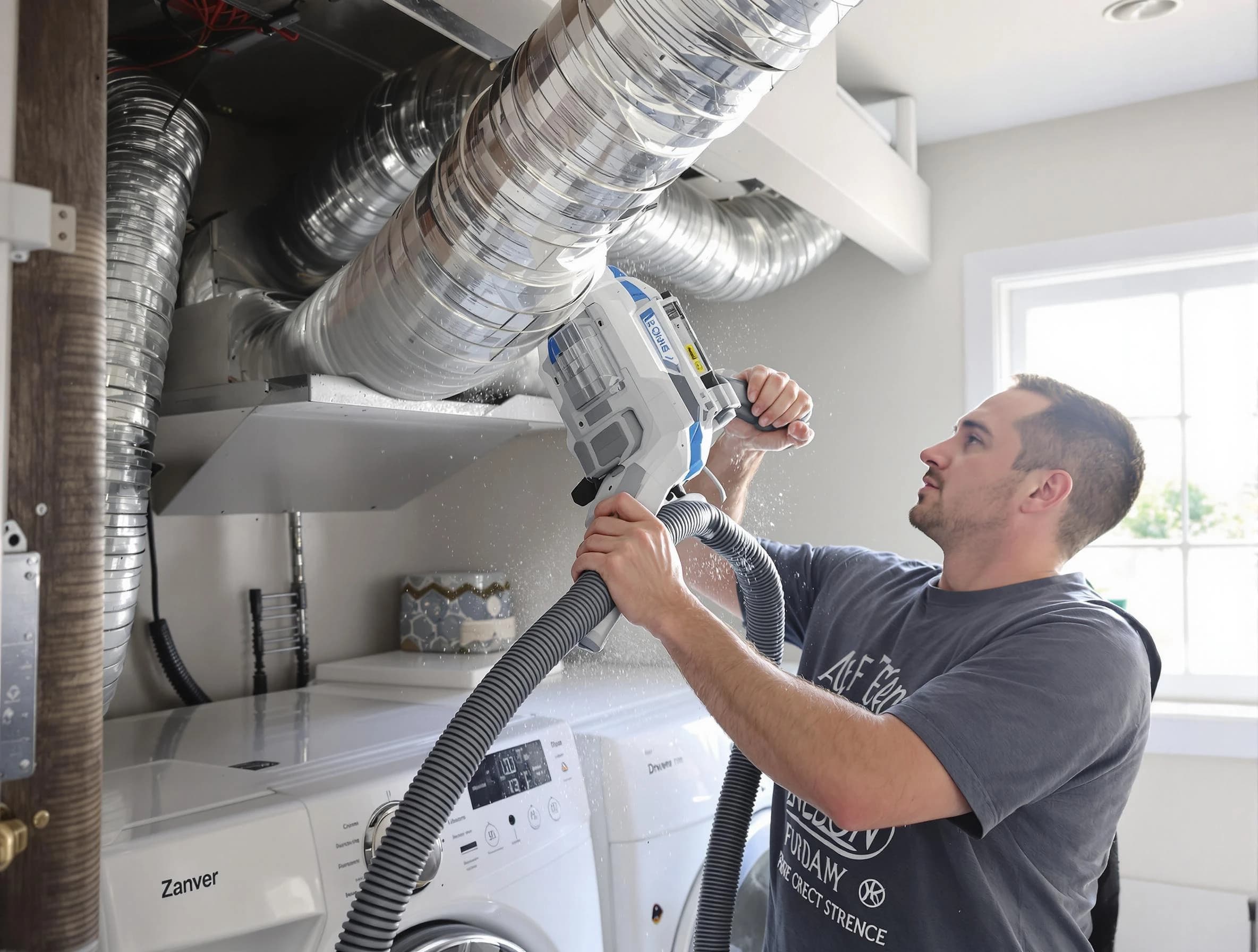 Ross Dryer Vent Cleaning specialist cleaning deep within a dryer vent duct system in Ross