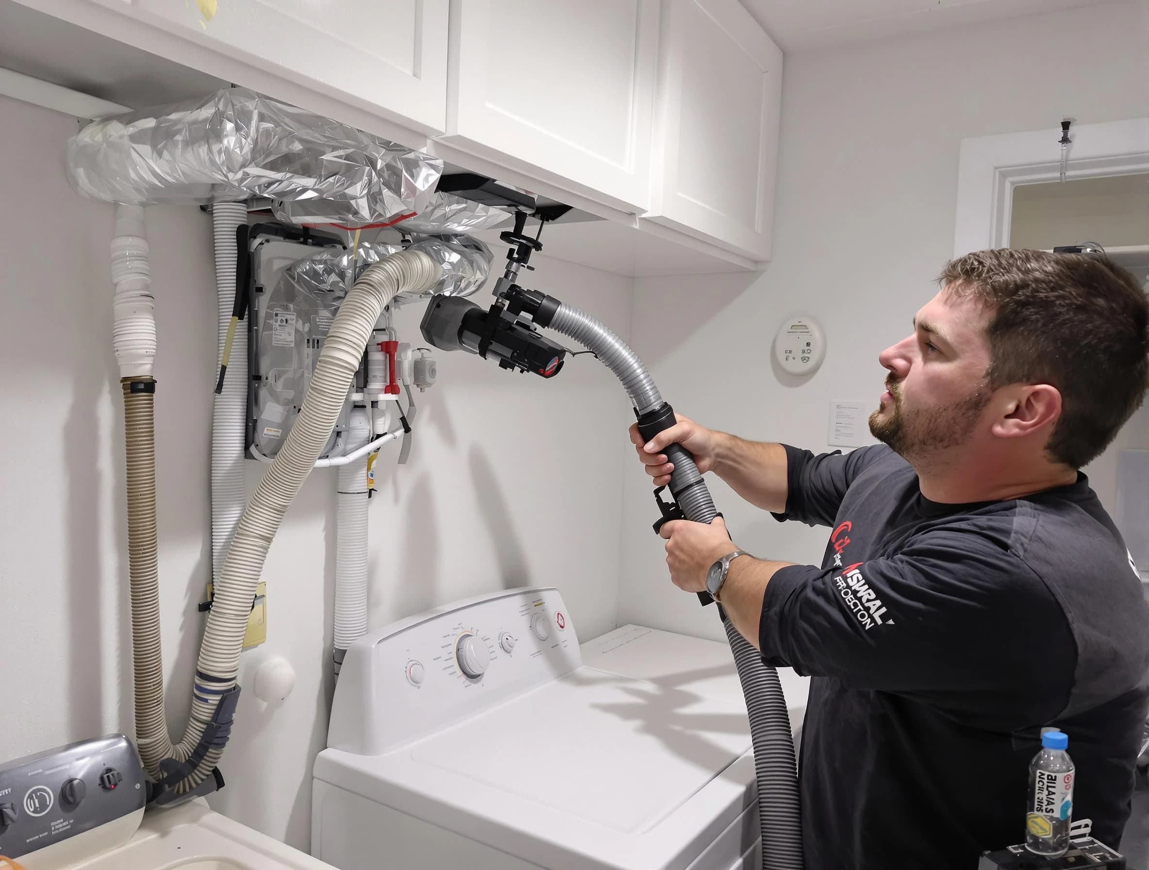 Ross Dryer Vent Cleaning certified technician performing safety-focused gas dryer vent cleaning in Ross