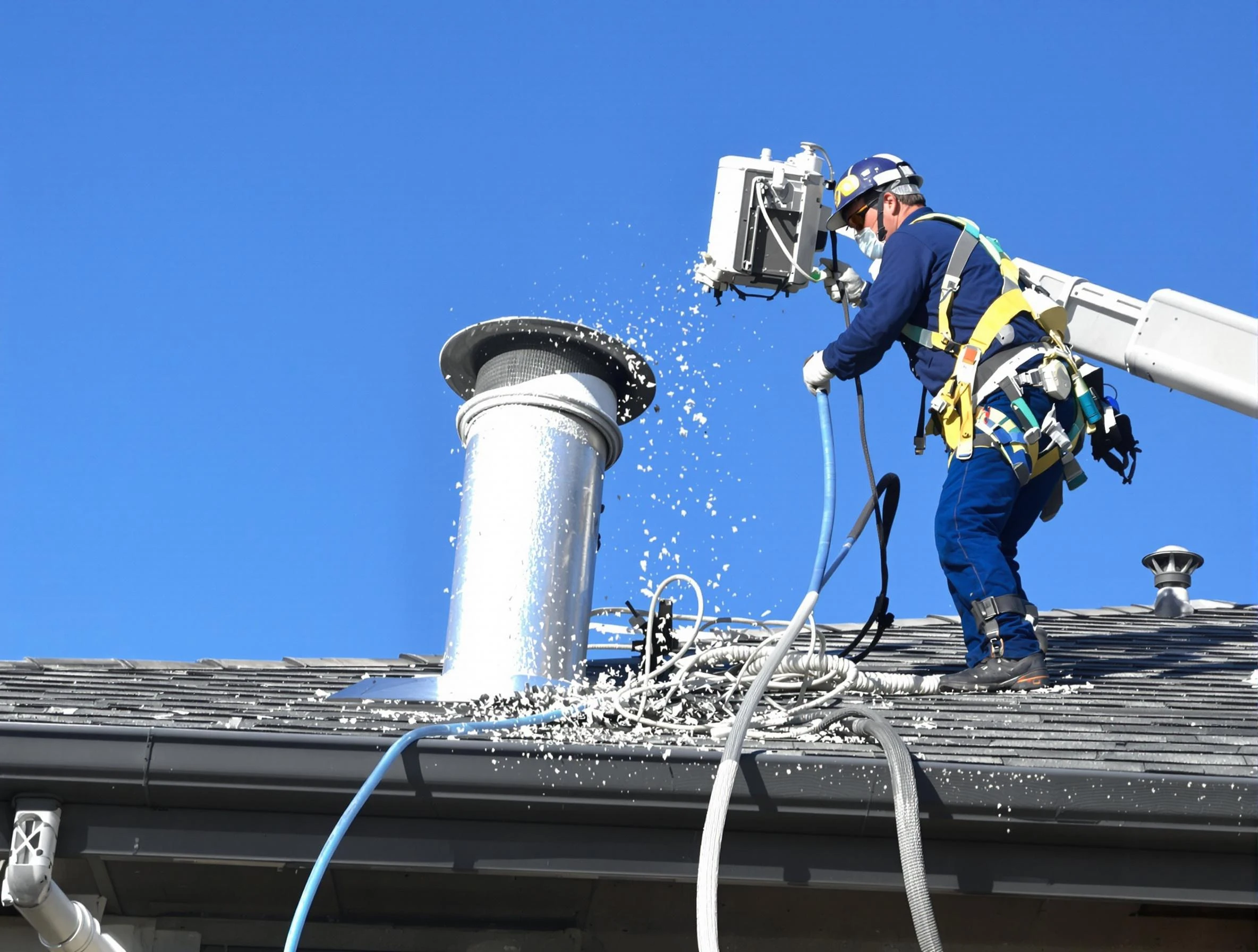 Ross Dryer Vent Cleaning certified technician safely cleaning a roof-mounted dryer vent in Ross